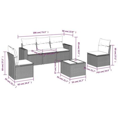 6-delige Loungeset met kussens poly rattan grijs - thumbnail