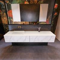 Badkamermeubelset Mondiaz Erin 200 cm met 2 Lades met RIDGE Wastafel Links Linen Zonder Kraangaten Greeploos Mat Carrara - thumbnail