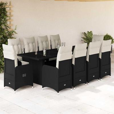 11-delige Bistroset met kussens poly rattan zwart