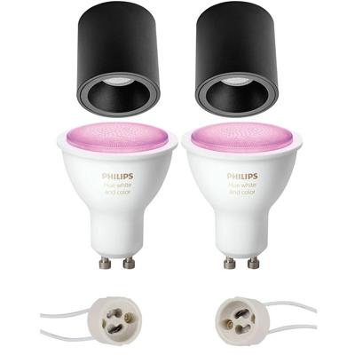 Pragmi Cliron Pro - Opbouw Rond - Mat Zwart - Verdiept - Ø90mm - Philips Hue - Opbouwspot Set GU10 - White and Color Ambiance - Bluetooth