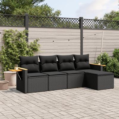 6-delige Loungeset met kussens poly rattan zwart - thumbnail