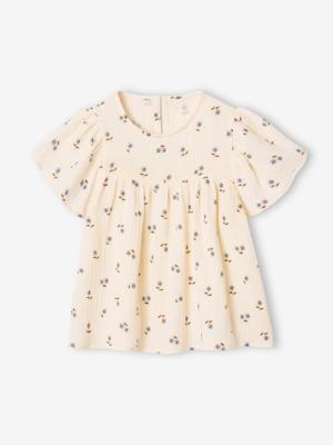 Meisjesblouse met print en vlindermouwen van gaas van biologisch katoen wit, bedrukt