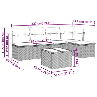 6-delige Loungeset met kussens poly rattan bruin