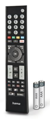 Hama Universele afstandsbediening voor Panasonic TV's (infrarood, leerbaar, lichtgevende toetsen, slimme knop, Easy Modefunctie, ergonomische hoofdtoetsen, 10 m bereik) zwart
