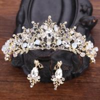 Luxe roze gouden parel bruids kronen handgemaakte Tiara bruid hoofdband Crystal bruiloft diadeem koningin kroon bruiloft haaraccessoires (wit met oorb - thumbnail
