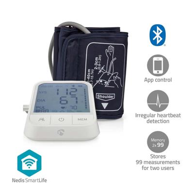 Nedis SmartLife Bloeddrukmeter | Arm | Bluetooth® | LCD-Scherm | 22 - 42 cm | Aanduiding van stil houden / Detectie van onregelmatige hartslag /