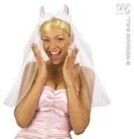 Bruidssluier met roze duivelhoorntjes - thumbnail