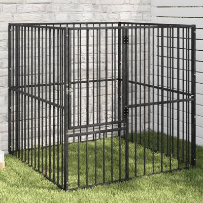 VidaXL Hondenkennel 4 panelen gepoedercoat staal zwart