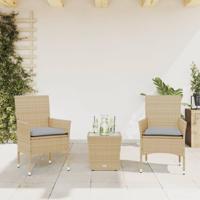 3-delige Bistroset met kussens poly rattan en glas beige - thumbnail
