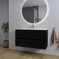 Adema Chaci Badkamermeubelset - 100x46x57cm - 1 ovale keramische wasbak wit - 1 kraangat - 2 lades - ronde spiegel met verlichting - mat zwart SW1212776/SW718718/SW161922 - thumbnail