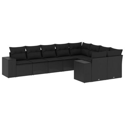 10-delige Loungeset met kussens poly rattan zwart