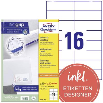 Avery-Zweckform 3484-200 Universele etiketten 105 x 37 mm Papier Wit 3520 stuk(s) Permanent hechtend Laser (zwart/wit), Laser (kleur)