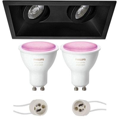 GU10 Inbouwspot Set - Mat Zwart - Inbouw Rechthoek Dubbel - Kantelbaar - Philips Hue - White and Color Ambiance - Bluetooth - Pragmi Zano Pro - 185x93mm