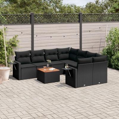 9-delige Loungeset met kussens poly rattan zwart