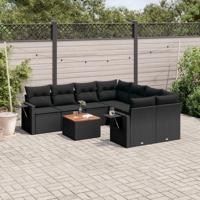 9-delige Loungeset met kussens poly rattan zwart - thumbnail