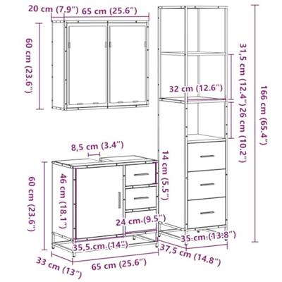 3-delige Badkamermeubelset bewerkt hout bruin eikenkleur