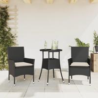 3-delige Tuinset met kussens poly rattan en glas zwart - thumbnail