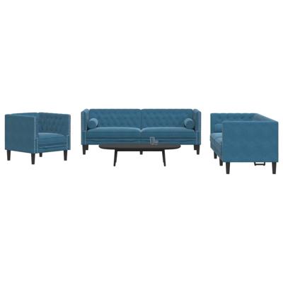 3-delige Loungeset Chesterfield met bolsters fluweel blauw