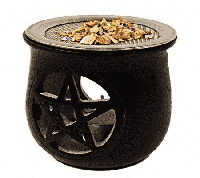 Wierookbrander Pentagram Zeepsteen Zwart met Zeef - thumbnail