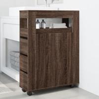 Badkamerkast smal met wielen bewerkt hout bruin eikenkleurig - thumbnail