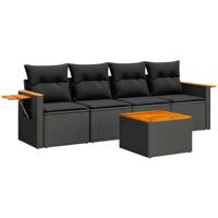 5-delige Loungeset met kussens poly rattan zwart - thumbnail