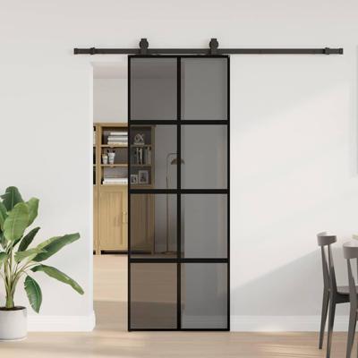 Schuifdeur met beslagset 76x205 cm gehard glas zwart