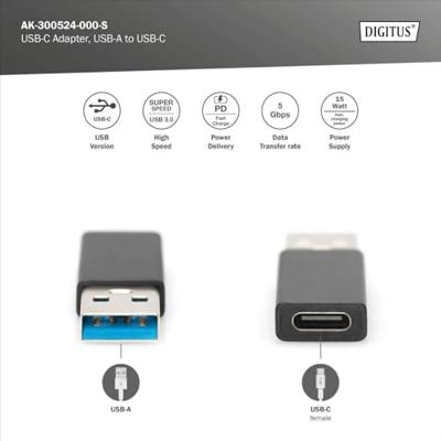 Digitus USB 3.2 Gen 1 (USB 3.0) Adapter [1x USB 3.2 Gen 1 stekker A (USB 3.0) - 1x USB-C bus] AK-300524-000-S