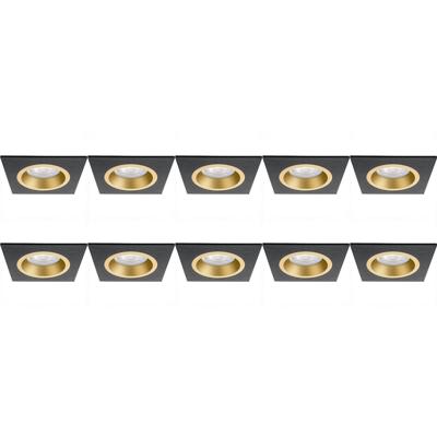 Spot Armatuur 10 Pack - Pragmi Rodos Pro - GU10 Inbouwspot - Vierkant - Zwart/Goud - Aluminium - 93mm