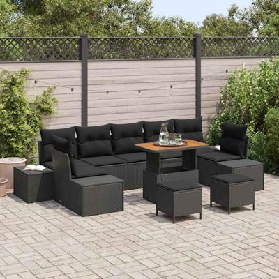 Tuinbankenset met kussen 10 pcs Zwart poly rattan