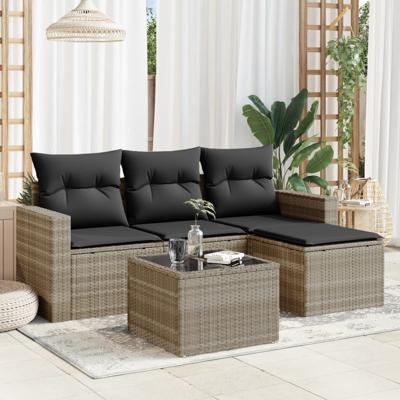 4-delige Loungeset met kussens poly rattan lichtgrijs - thumbnail