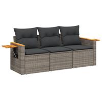 3-delige Loungeset met kussens poly rattan grijs - thumbnail