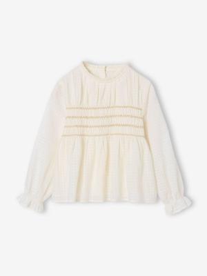 Blouse voor meisjes met geborduurde smocks voor Kerstmis ecru