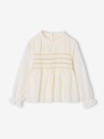 Blouse voor meisjes met geborduurde smocks voor Kerstmis ecru - thumbnail