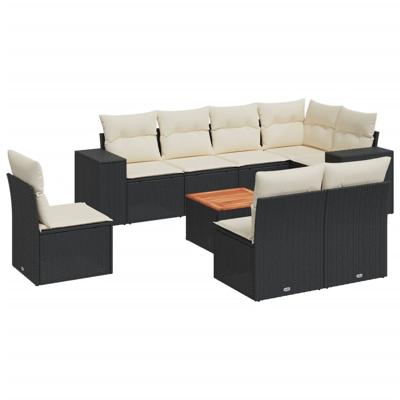 9-delige Loungeset met kussens poly rattan zwart