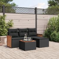 5-delige Loungeset met kussens poly rattan zwart - thumbnail
