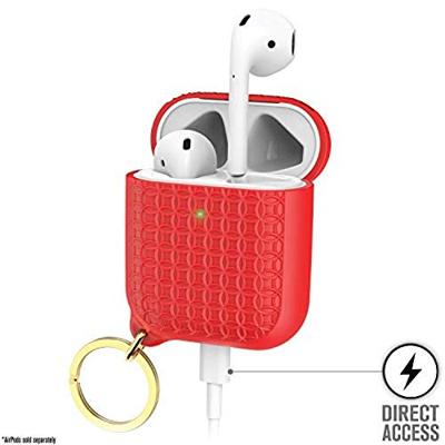 Keyring Case voor AirPods 1 en 2 - Siliconen AirPods-case met textuurpatroon, oplaadlampje zichtbaar, oppervlakteafwerking met extra grip, inclusief sleutelring, compatibel met draadloos opladen - Rood