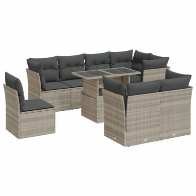 9-delige Loungeset met kussens poly rattan lichtgrijs