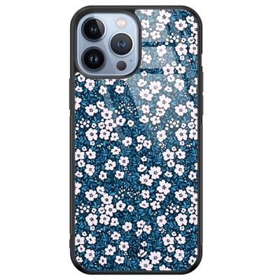 iPhone 13 Pro Max glazen hardcase - Bloemen blauw