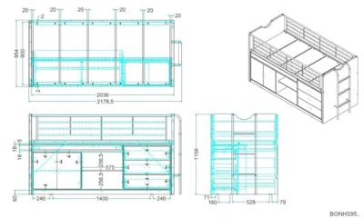 Vipack halfhoogslaper Bonny met uitschuifbaar bureau - blauw - 116x96x207 cm