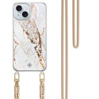 iPhone 15 hoesje met beige koord - Marmer goud - thumbnail