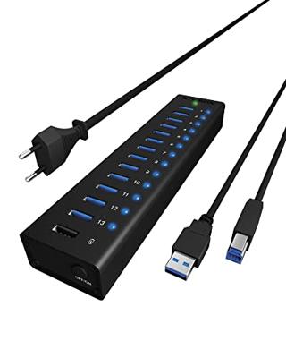 ICY BOX IB-AC6113 13-poorts USB 3.0 Hub met 12 V / 5 A voedingsadapter, aluminium behuizing en USB laadpoort zwart
