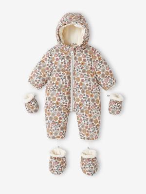 Combipakje met bloemen voor baby met fleece voering lichtbeige met print