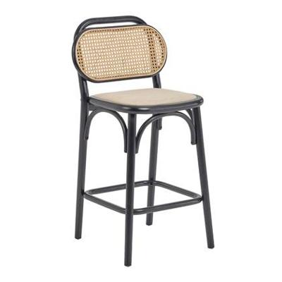 Kave Home Barkruk 'Doriane' Iepenhout en Rotan, kleur Zwart (zithoogte 65cm)