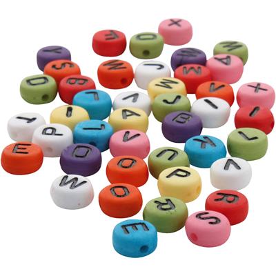 Ronde letterkralen, d 7 mm, gatgrootte 1-2 mm, dikte 4 mm, diverse kleuren, 500 gr/ 1 doos