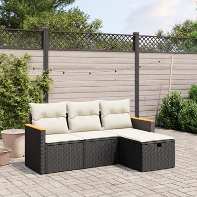 4-delige Loungeset met kussens poly rattan zwart