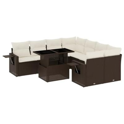9-delige Loungeset met kussens poly rattan bruin