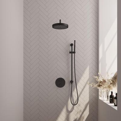 Brauer Stripe thermostatische inbouw regendouche 3-weg rond SET 44 met 25 cm douchekop en gebogen muurarm en staaf handdouche en doucheslang en geintegreerde glijstang mat zwart