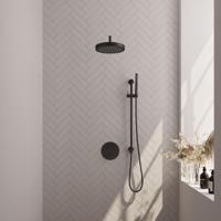 Brauer Stripe thermostatische inbouw regendouche 3-weg rond SET 44 met 25 cm douchekop en gebogen muurarm en staaf handdouche en doucheslang en geintegreerde glijstang mat zwart - thumbnail