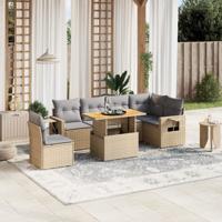7-delige Loungeset met kussens poly rattan beige - thumbnail