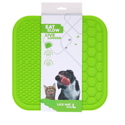 Eat Slow Live Longer Duo likmat - 30 x 30 cm - vierkant - snuffelmat - anti-snuffelmat - slowfeeder - 100% siliconen - vaatwasmachinebestendig - maat L - groen